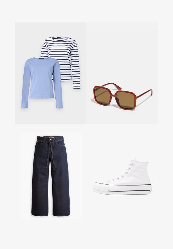Twee tops met lange mouwen: de één is effen lichtblauw, de ander heeft marineblauwe en witte horizontale strepen. Beide shirts hebben een ronde hals.; Wijd pijpjes donkerblauwe denim jeans met een hoge taille, voorzien van een trekkoord, vijf zakken en contrasterende stiksels.; Witte high-top canvas sneakers met een zwarte rubberen zool, een rubberen neuskap aan de voorkant en zes gaatjes voor veters, met een schone, minimalistische uitstraling.; Rode vierkante zonnebril met bruin getinte lenzen. Dikke, glanzende monturen en slanke armen met kleine details aan de zijkant voor visuele interesse.; Zilveren oorbellen in de vorm van een gladde, gepolijste ring. Ronde vorm met een veilige kliksluiting. Lichtgewicht ontwerp, geschikt voor dagelijks gebruik.