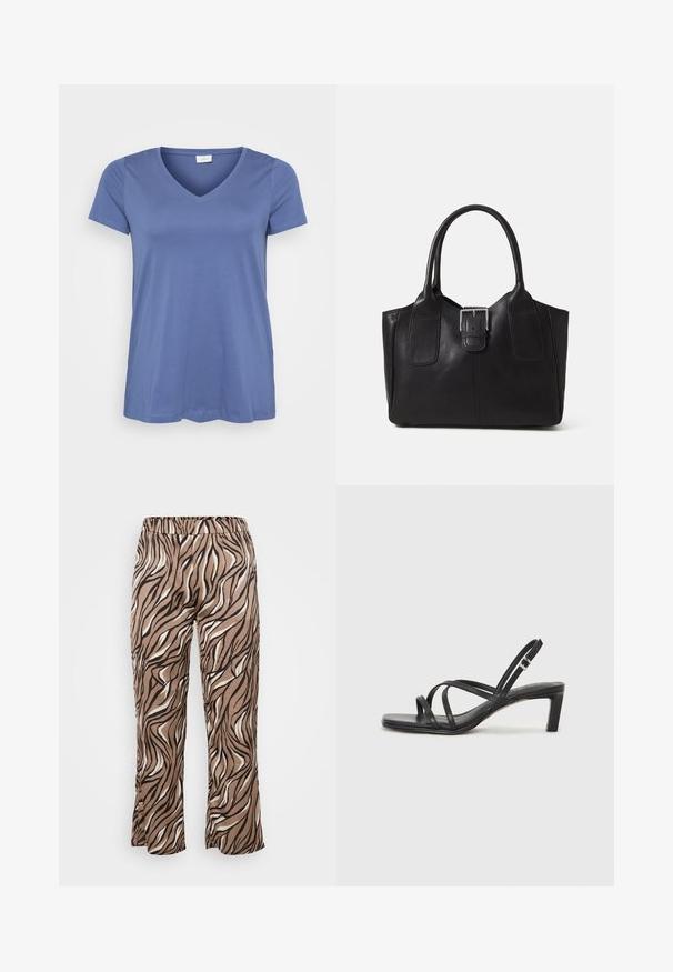 Trumpas rankovėmis, V formos iškirpte marškinėliai, tvirti mėlynos spalvos, su laisvu siluetu ir švariu dizainu, pateikti ant baltos fono.; Rudos ir kreminius zebro rašto kelnes su elastingu juosmeniu, plačiomis kojomis ir lygiu audinio paviršiumi.; Juodi šlepetės su kvadratiniu pirštu ir žemu bloku kulnu. Yra keli ploni dirželiai ir reguliuojamas kulkšnies diržas. Pagaminti iš lygios odos.; Juodas odinis nešiojamas krepšys su lygiu paviršiumi, struktūrine forma, dviem rankenėlėmis ir ryškiu sidabriniu sagties akcentu priekyje.