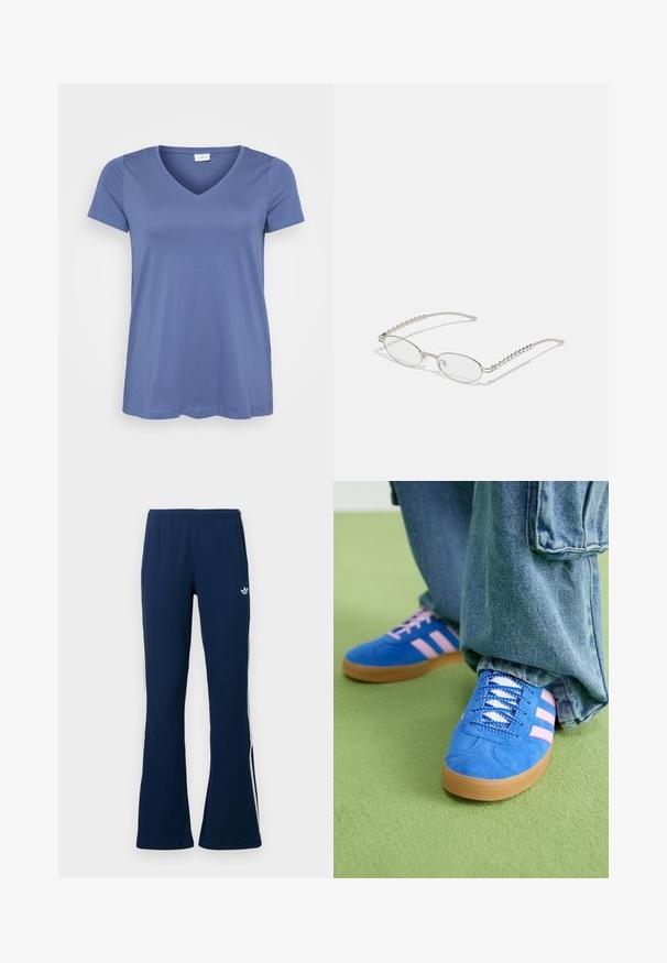 Majica s kratkim rukavima i V izrezom u jednobojnoj plavoj boji, s opuštenim krojem i jednostavnim dizajnom, postavljena na bijeloj pozadini.; Navy plave plisirane hlače sa širokim nogavicama i bijelim bočnim prugama te izvezenim logotipom na lijevoj strani, s dva bočna džepa.; Plave zamšne cipele s ružičastim prugama i bijelim vezicama, s gumenim potplatom, u kombinaciji s širokim trapericama na zelenoj podlozi.; Ovalne naočale s metalnim srebrnim okvirom, prozirnim staklima i teksturiranim bisernim detaljima na krakovima. Lagani dizajn s zakrivljenim krakovima.