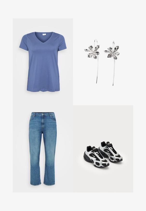 T-shirt de manga curta, com decote em v, na cor azul sólida, apresentando um corte relaxado e um design simples, sobre um fundo branco.; Jeans de ganga azul clara com um design de perna reta, apresentando cinco bolsos, passantes para cinto e um desbotado subtil na parte da frente.; Sapatos de desporto pretos e prateados com um upper em malha e sintético, apresentando um design ondulado distinto e colarinho acolchoado, com amortecimento de ar na sola.; Brincos em forma de flor prateados com um acabamento texturizado, apresentando ganchos longos e detalhes semelhantes a pétalas para um design intrincado.