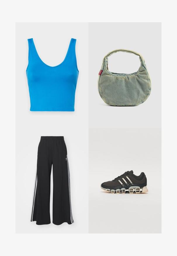 Kék crop top sima, rugalmas anyagból, mély V kivágással és széles pántokkal, testhezálló sziluettel és letisztult élekkel.; Fekete, bő szárú melegítőnadrág, rugalmas derékkal, fehér oldalsávokkal és hímzett logóval a bal combon.; Fekete sportcipő texturált felsőrésszel, három ezüst csíkkal, és egy jellegzetes párnázott talppal, amely több integrált szakaszból áll.; Világoskék farmer kézitáska rövid, párnázott füllel és egy kis piros Levi's logóval az oldalán, sima háttéren elhelyezve.