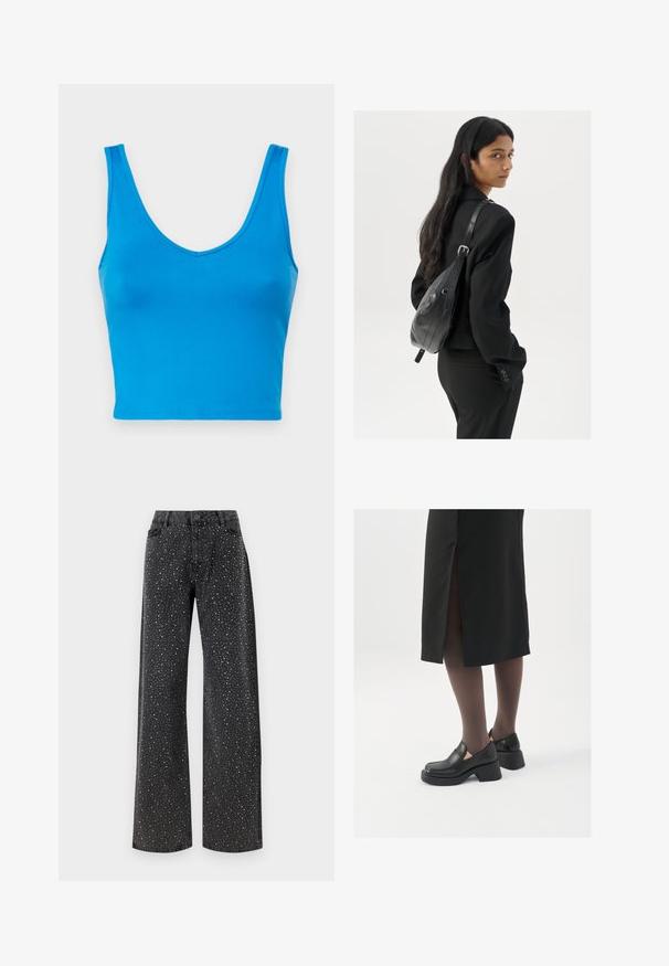 Blå kort topp i ett mjukt, elastiskt tyg med djup V-ringning och breda axelband, med en figursydd siluett och rena kanter.; Noisy May NMJANNEL LOOSE - Jeans relaxed fit - black denim; Svarta läderskor med rund tå, tjock klack utan häl och elastiska sidodetaljer, kombinerat med mörka strumpbyxor och en svart kjol med slits.; Kvinna med långt mörkt hår, klädd i en svart dräkt, bärandes en svart läderaxelväska, tittar över axeln mot en vit bakgrund.; Silverfärgade hoopörhängen med en minimalistisk design. Cirkulär form, slät yta och tunn profil. Lätta med en polerad finish.