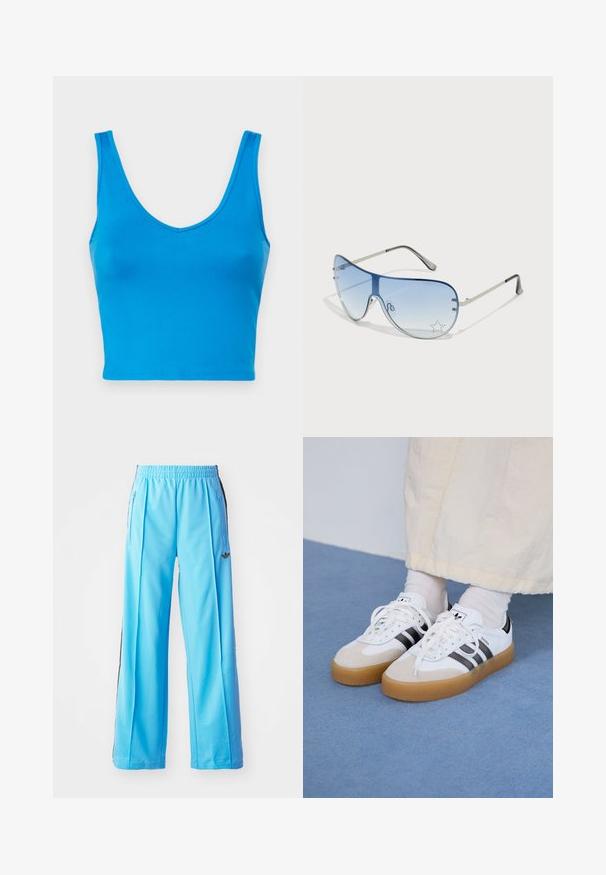 Plavi top na crop s glatkim, rastezljivim materijalom, dubokim V izrezom i širokim naramenicama, s prilagođenim siluetom i čistim rubovima.; Svijetloplave atletske hlače s elastičnom strukom, bočnim patentnim zatvaračima i crnim bočnim akcentima. Mekani materijal s labavim, širokim nogavicama.; Bjele tenisice s crnim prugama i bež suknjom. Imaju teksturiranu gumu potplat i ravne bijele vezice, nošene uz svijetle čarape.; Naočale tipa avijatičar s gradijentnim plavim staklima, okvirom od srebrnog metala i dekorativnim zvjezdastim naglascima na staklima. Glatki i elegantni dizajn.