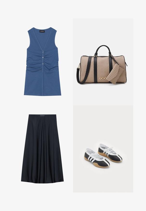 Blaues ärmelloses Top aus weichem Stoff, mit tiefem V-Ausschnitt, Knopfverschluss und gerafftem Detail an der Vorderseite.; Ärmelloses, gelbes Oberteil mit strukturiertem Finish und gerafftem Seitendetail. Weicher Stoff und lockere Passform, mit geradem Saum.; Schwarzer, knielanger Rock aus leichtem Material mit fließendem Design. Verfügt über eine glatte Textur und subtile Falten für zusätzliche Details.; Schwarz-weiße Sportschuhe mit einem eleganten Design, Gummisohle, Schnürverschluss und drei weißen Streifen an den Seiten.; Duffle-Bag mit einem beigen gemusterten Äußeren, schwarzen Ledergriffen, goldenen Beschlägen und einer kleinen passenden Tasche, die befestigt ist. Strukturierte Form.; Goldfarbene rechteckige Armbanduhr mit Zifferblatt in Weiß, silbernen Stundenmarkierungen und einem strapazierfähigen Metallarmband. Wasserfest.