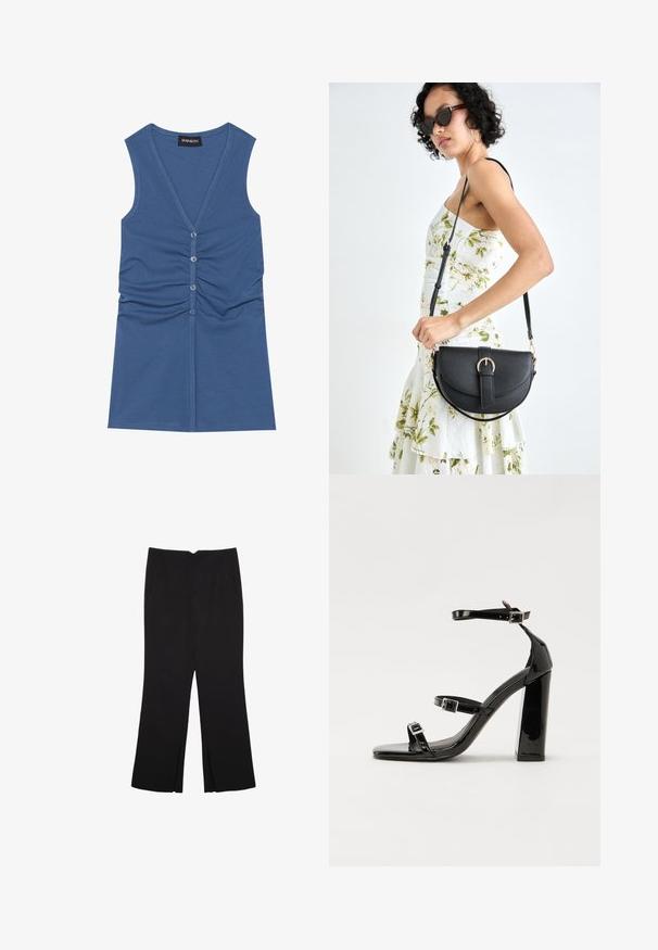 Blå ærmeløs top lavet af blødt stof, med en dyb V-hals, knaplukning og samlede detaljer foran.; Sorte bukser med lige pasform, der har frontlommer og slidser i kanten. Lavet af blødt, glat stof. Velegnet til forskellige anledninger.; Sorte patenterede hælsandaler med firkantet tå, ankelremme og sølvspænder. Har en chunky blokHæl for stabilitet.; Sort læderhåndtaske med en buet form, aftagelig rem og guldfinish. Tasken har en klap med en spænde detalje.