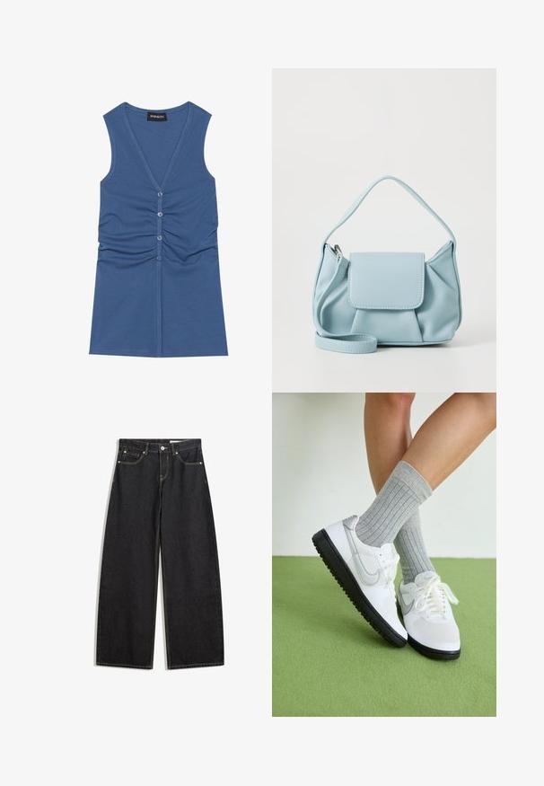 Top senza maniche blu realizzato in tessuto morbido, con scollo a V profondo, chiusura con bottoni e dettagli arricciati sul davanti.; Jeans in denim neri a gamba larga con vita alta, cinque tasche, cuciture a contrasto e chiusura con bottone. Tessuto liscio con un taglio classico.; Scarpe da ginnastica bianche con accenti grigi, suola in gomma nera e lacci bianchi, abbinate a calzini a coste grigi chiari, posizionate su una superficie verde.; Borsa a mano in pelle blu chiaro con manico superiore, tasca con pattina frontale e tracolla rimovibile su sfondo bianco.