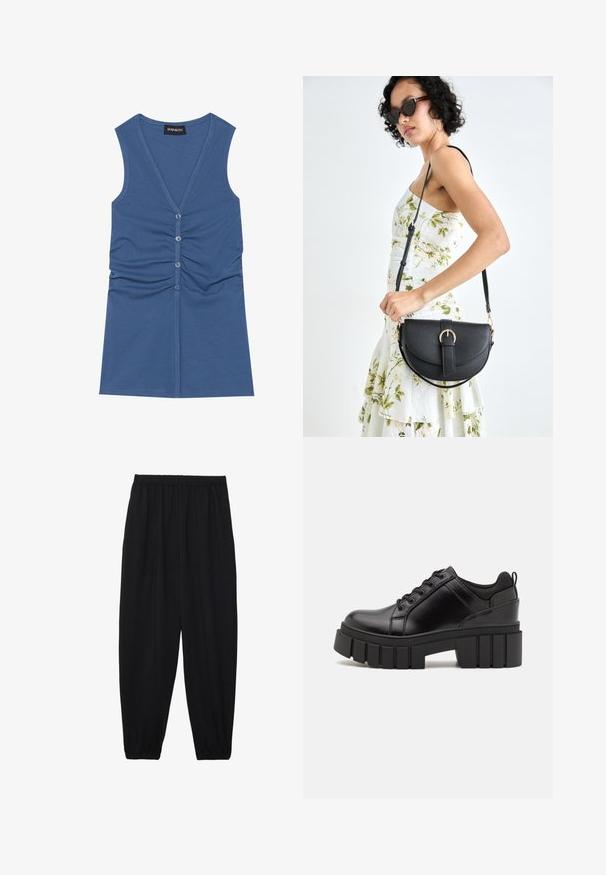 Top senza maniche blu realizzato in tessuto morbido, con scollo a V profondo, chiusura con bottoni e dettagli arricciati sul davanti.; Pantaloni neri leggeri con vita elastica e caviglie arricciate. Il tessuto è liscio e presenta un design rilassato e affusolato.; Scarpe platform in pelle nera con tacco a blocco robusto, punta rotonda e design tradizionale con lacci. Presentano una superficie liscia e dettagli minimi.; Borsa a tracolla nera in pelle con una forma curva, manico rimovibile e accessori dorati. La borsa presenta una patta con un dettaglio a fibbia.