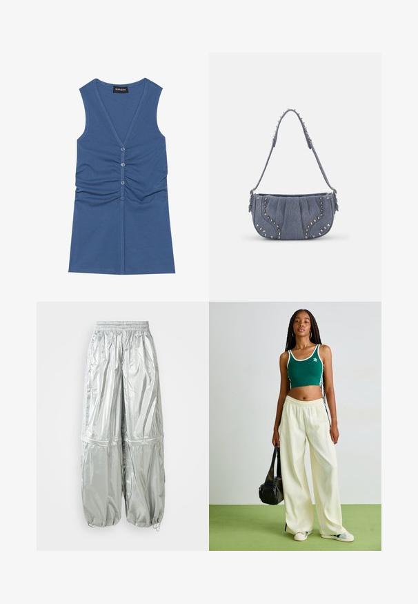 Kék ujjatlan felső, puha anyagból, mély V-nyakkivágással, gombos záródással és a mellrészen ráncolt részletekkel.; Ezüst, könnyű cargo nadrág fényes felülettel, rugalmas derékpánttal, ráncolt mandzsettával és két nagy elülső zsebbel.; Zöld, rövidített pántos felső fehér díszítéssel, széles lábú krém színű nadrággal párosítva. A modellen egy kis fekete táska van. Egyszerű sportcipő.; Kék színű farmer válltáska plisszált dizájnnal, ezüst szegecsek a szélek mentén, texturált pánttal.