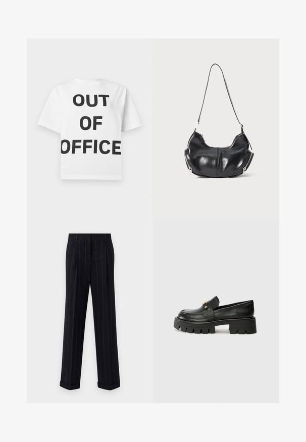 Wit T-shirt met in het midden voorop grote zwarte letters waarop staat: "OUT OF OFFICE", voorzien van een standaard ronde hals en korte mouwen.; Zwarte broek met streepjes in een getailleerde pasvorm, voorzien van een omgeslagen zoom en voorplooien. Gemaakt van een gladde stof met een gestructureerd ontwerp.; Zwarte leren instappers met een chunky zool, met een goudkleurige accent aan de voorkant en een gladde afwerking. Chunky profielontwerp op de zool.; Zwarte leren schoudertas in de vorm van een halve maan met zilveren ritsen aan beide kanten en een enkele strap.