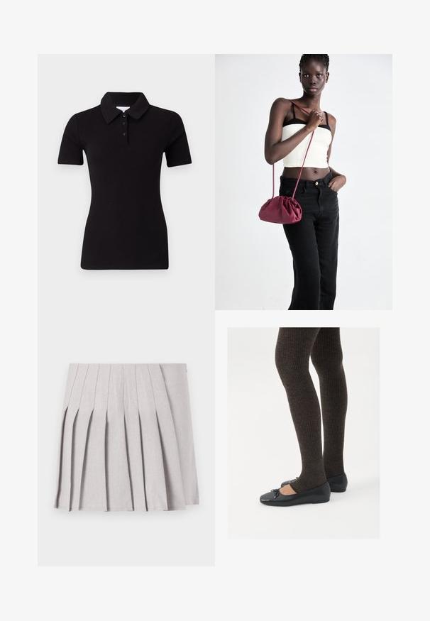 Sort ribbet polo shirt med krave, korte ærmer og tre knaplukninger. Glat tekstur, tætsiddende pasform, og ingen synlige mønstre eller accenter.; Grå plisseret nederdel med en glat tekstur, der har flere lodrette folder og en tætsiddende talje. Fremstillet af letvægtsstof.; Sorte flade sko med en lille sløjfedetalje ved tåen, parret med mørkebrune ribbede strømpebukser. Skoene har en glat overflade og lav profil.; Bordeaux blødt stof håndtaske med en sammenpresset design og en lang rem, båret som crossbody. Modellen bærer en hvid cropped top og sorte jeans.