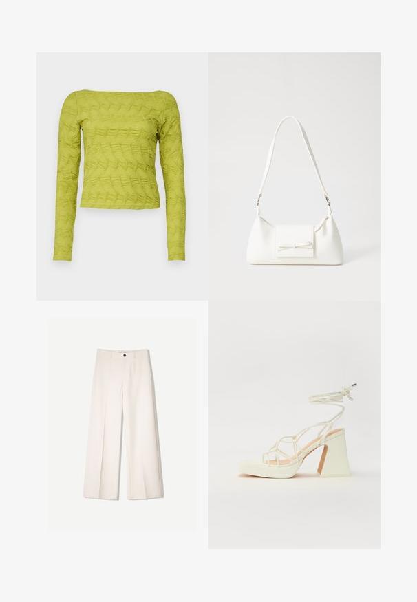 Green long-sleeve top with textured quilted pattern, square neckline, and fitted design. Made from lightweight fabric.; Cream wide-leg trousers with a tailored design, featuring two front pockets and a single front button closure, made from smooth fabric.; White high-heeled sandal with a chunky heel, featuring a strappy design and ankle tie. Smooth texture with a platform front for added height.; White synthetic handbag with a triangular shape, flat front flap and bow detail, adjustable strap, smooth texture, and minimalistic design.