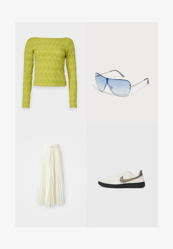 Zeleni dugorukavi top s teksturiranim quilted uzorkom, kvadratnim izrezom i prilagođenim dizajnom. Izrađen od laganog materijala.; Plisirana midi suknja od svijetložutog materijala, s elastičnom strukom i mašnom, glatke teksture i vertikalnim prugama za dodatni detalj.; Nike Sportswear FIELD GENERAL - Tenisice - off-white/black; Naočale tipa avijatičar s gradijentnim plavim staklima, okvirom od srebrnog metala i dekorativnim zvjezdastim naglascima na staklima. Glatki i elegantni dizajn.