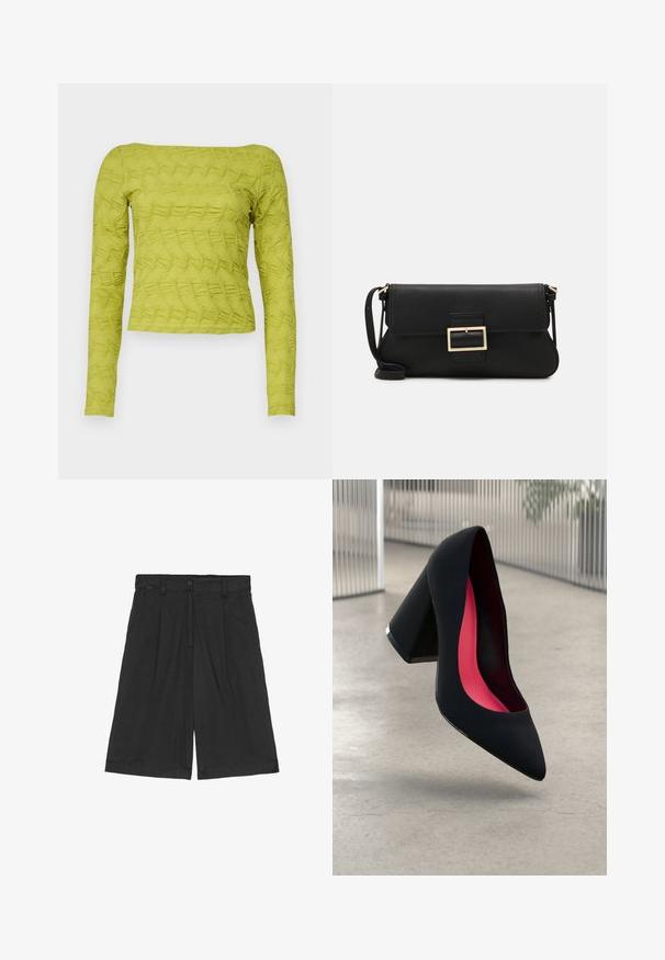 Roheline pikad varrukad särk, millel on tekstuuriga tikandimuster, ruudukujuline dekoltee ja keha lähedane lõige. Valmistatud kergest kangast.; Mustad linased lühikesed püksid, millel on vabalt langev lõige, lame esipind, kaks külgetaskut ja nööbiga kinnitamine taljes.; Mustad must kõrged kontsad, terava ninaga, tekstuurse pinnaga ning erksa roosa sisemusega. Omab paksu kontsa koos hõbedase aktsendiga.; Must haben musta nahkklahviga kott, millel on klapp ja kuldne metallist pandla detail. Kaasas must rihm ja stiilne, minimalistlik disain.; Kuldne rõngaskõrvarõngad, millel on sujuv ja ümar disain, ning läikiv viimistlus. Kerge konstruktsioon koos kindla klambriga.