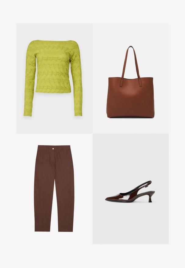 Zeleni dolg rokav majica z teksturirano prešito površino, kvadratnim izrezom in prilegajočim dizajnom. Narejena iz lahkega materiala.; Rjave bombažne hlače s ravnim krojem, ki imajo sprednje zapiranje na gumb in stranske žepke. Gladka tekstura z minimalnimi detajli šivanja.; Rjavi lakirani slingback čevelj z ostro konico in zmerno peto. Ima zaponko za varno prileganje. Gladka tekstura.; Rjava usnjena torba z gladko teksturo, odprto zasnovo zgoraj in dvema naramnima trakovoma. Opremljena je z minimalnim šivanjem in brez vidnih kovinskih delov.