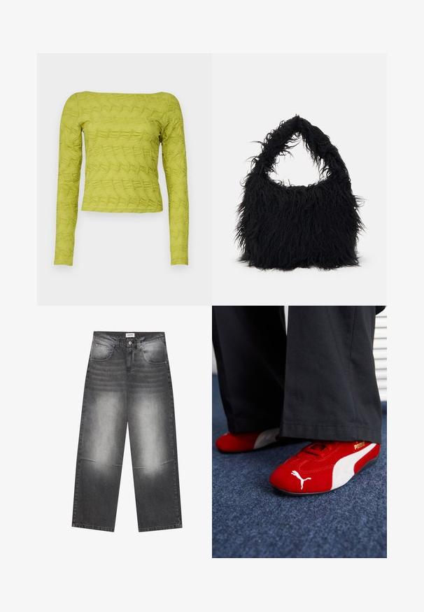 Grüner Langarm-Oberteil mit strukturiertem Steppmuster, quadratischem Ausschnitt und tailliertem Schnitt. Aus leichtem Stoff gefertigt.; Schwarze Jeans mit weitem Bein aus Denim mit einem verblassten grauen Finish, ausgestattet mit Fronttaschen, einem Knopfverschluss und leichten Abnutzungserscheinungen an den Knien.; Rote Wildledersneaker mit weißen Akzenten, aus strukturiertem Material, mit runder Zehenpartie und einem goldenen Logo an der Seite, getragen mit schwarzen Hosen.; Even&Odd Shopping Bag - black