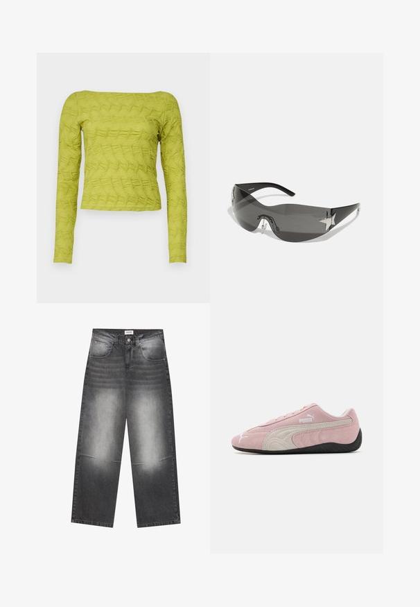 Top verde a maniche lunghe con motivo trapuntato testurizzato, scollatura quadrata e design aderente. Realizzato in tessuto leggero.; Jeans in denim nero a gamba larga con una finitura grigia sbiadita, dotati di tasche frontali, chiusura con bottone e leggera usura sulle ginocchia.; Sneaker in suede rosa con accenti grigi, design aerodinamico, tomaia texturizzata e suola in gomma nera. Presenta il logo Puma sul lato.; Occhiali da sole neri con design avvolgente, lenti scure, rifiniture a forma di stella brillanti e naselli regolabili.; Even&Odd Shopping bag - black