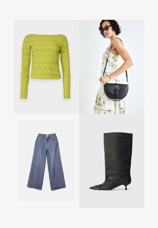 Green long-sleeve top with textured quilted pattern, square neckline, and fitted design. Made from lightweight fabric.; Wide-leg denim jeans in a light blue wash, featuring a high waist, front pockets, and a button closure with belt loops.; Black leather ankle boot with a pointed toe, small heel, and metallic accent detail on the toe. Smooth, matte texture throughout.; Black leather handbag with a curved shape, detachable strap, and gold hardware. The bag features a flap with a buckle detail.