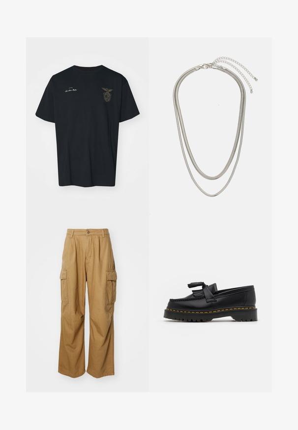 Legacies BENFICA LISSABON GLORIOSO - Marškinėliai su spaudiniu - black; Smėliniai cargo džinsai su tiesiomis kojomis, turintys dvi šonines kišenes ir mygtukų užsegimą. Pagaminti iš minkštos, patvarios medžiagos.; Juodas odinis loaferis su kutais, turintis masyvų juodą pado ir geltonus siūlus palei kraštą. Textūruota danga.; Trijų sluoksnių sidabrinė metalinė apyrankė, kuri pasižymi stilingomis, lankstosiomis grandinėlėmis su švelniu blizgesiu, užsegama krabų užsegimu ir reguliuojama grandinė.