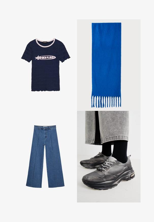 Laivansinis teksturoitu t-paita valkoisella kauluksella. Ominaisuuksiin kuuluu painettu "EI SUUNNITELMIA" -design tähtikoristeella. Lyhyet hiharat, joissa on aaltoilevat reunat.; Korkeat vyötäröiset, keskisiniset, leveiden lahkeiden denim-farkut, joissa on nappikiinnitys ja kontrastiväriset pystysaumadetaileja edessä.; Musta ja harmaa urheilukengät sisältävät verkkomateriaalista valmistetun päällisen, paksut pohjat ja nauhat. Kenkien kärki on pyöristetty ja niissä on näkyvää pehmustusta.; Sininen fringekangas, joka on valmistettu pehmeästä materiaalista; siinä on yksivärinen pinta ja tasaisesti leikattu fringejalkeen alareunassa.; Musta nahkainen käsilaukku, joka on kaareva muotoilultaan, irrotettavalla hihnalla ja kultaisilla yksityiskohdilla. Laukussa on läppä, jossa on solk yksityiskohta.