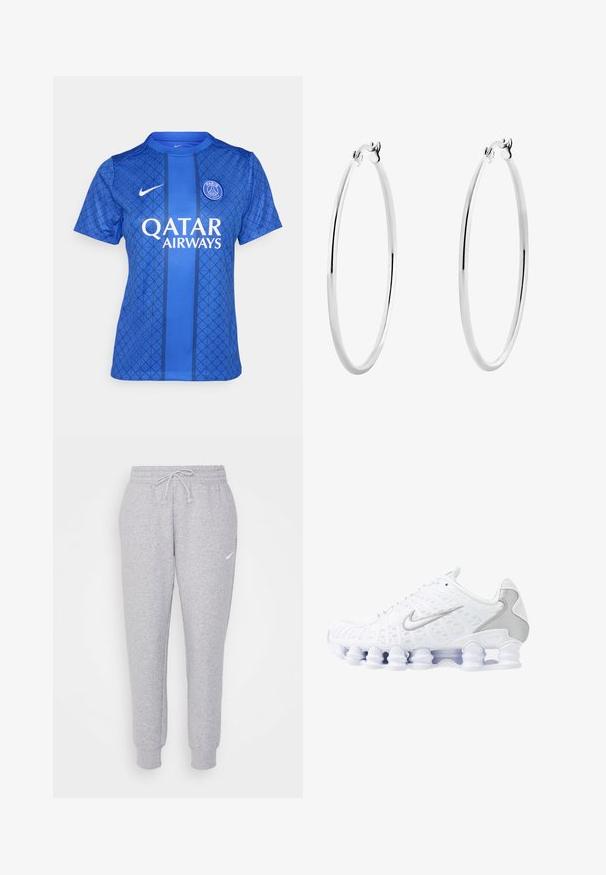 Blå fotbollsjacka med geometriskt mönster, rund halsringning, korta ärmar och varumärken från Nike och Qatar Airways.; Ljust grå sweatpants med dragsko i midjan, smalnande ben och en liten vit logotyp på vänster lår. Tillverkade av ett mjukt, strukturerat tyg.; Vita sportskor med nätöverdel, silverdetaljer och en unik spiral såldesign. Har vadderad krage och snörning för passform.; Silverörhängen med en slät, polerad yta och en tunn, cirkulär form. Designen har en säker låsning.