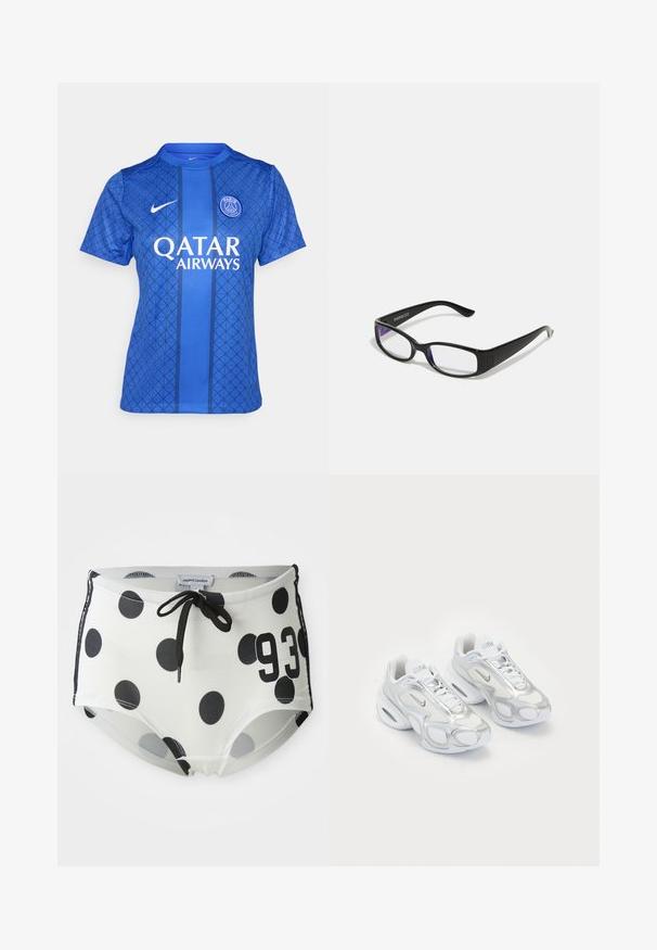 Maglia da calcio blu con un motivo geometrico, colletto rotondo, maniche corte e marchi di Nike e Qatar Airways.; Pantaloni da bagno a pois bianchi e neri con vita regolabile, caratterizzati dal numero "93" sul davanti e un tessuto liscio ed elastico.; Scarpe da ginnastica bianche con tomaia in rete e accenti argentati, forma unica e ammortizzazione nell'intersuola. Design con lacci e logo.; Occhiali rettangolari neri con lenti trasparenti. Finitura lucida, bracci sottili e una sfumatura viola visibile ai bordi delle lenti.