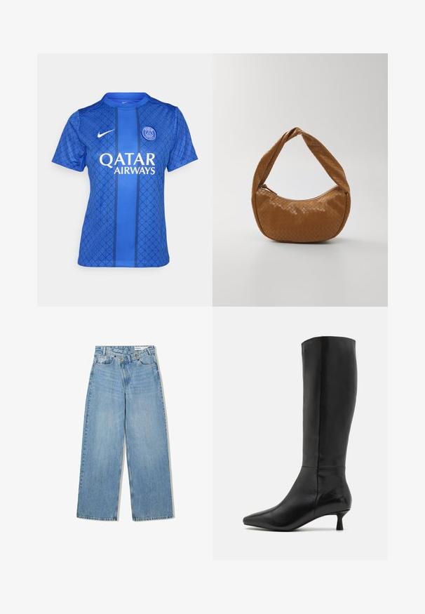 Modra nogometna majica z geometrijskim vzorcem, okroglim izrezom, kratkimi rokavi ter blagovnimi znamkami Nike in Qatar Airways.; Svetlo modri široki kavbojki iz denima, ki imajo visok pas, pet žepov, zapiranje na gumb in subtilno zbledelost za teksturo.; Zign Škornji - black; Tkanih kožni ročni torbici v rjavi barvi, ovalne oblike s širokim pletenim ročajem, z zadrgo in sijočo teksturo.