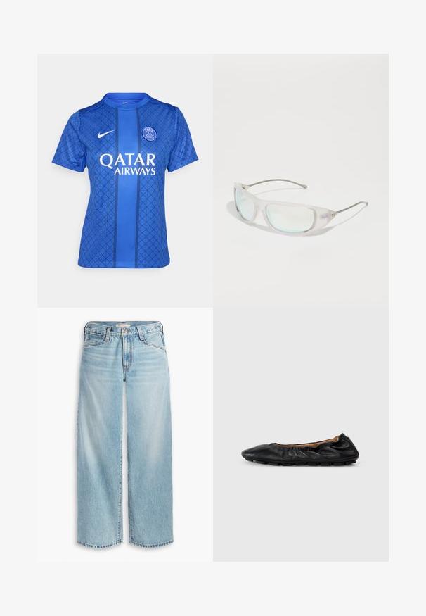 Plava nogometna majica s geometrijskim uzorkom, okruglim izrezom, kratkim rukavima i brendiranjem Nike i Qatar Airways.; Svijetloplave široke traperice od denima, s visokim strukom, dugmadi na prednjem dijelu i izrezanim rubom. Vidljive šavove i džepove.; Crne kožne balerinke s nabranim detaljima na ovratniku, okruglim vrhom i fleksibilnom gumenom potplatom. Glatka tekstura kroz cijelu obuću.; Naočale za sunce s prozirnim svijetloplavim okvirom, zrcalnim plavim lećama i tankim metalnim dijelovima. Imaju kutni dizajn i suptilan detalj s logotipom.
