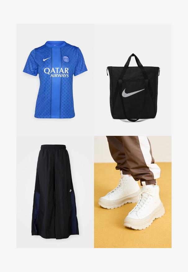 Sininen jalkapallopaita, jossa on geometrinen kuvio, pyöreä kaula-aukko, lyhyet hihat ja brändäys Nike ja Qatar Airways.; Musta leveälahkeinen housu, joka on valmistettu kevyestä kankaasta. Housuissa on tummansininen sivupaneeli ja joustava vyötärö. Alhaalla on pieni valkoinen logo.; Valkoiset korkeavartiset tennarit, joissa on massiivinen, teksturoitu pohja. Sneakereissa on sileä päällinen, pyöreä kärki ja sävyyn sopivat nauhat, ja ne on asetettu keltaista taustaa vasten.; Musta nailoninen kassi, jossa on kaksi tukevua kahvaa ja vetoketjukiinnitys. Erityinen valkoinen Nike-swoosh-logo on esillä vaakasuunnassa raidallisessa muotoilussa.