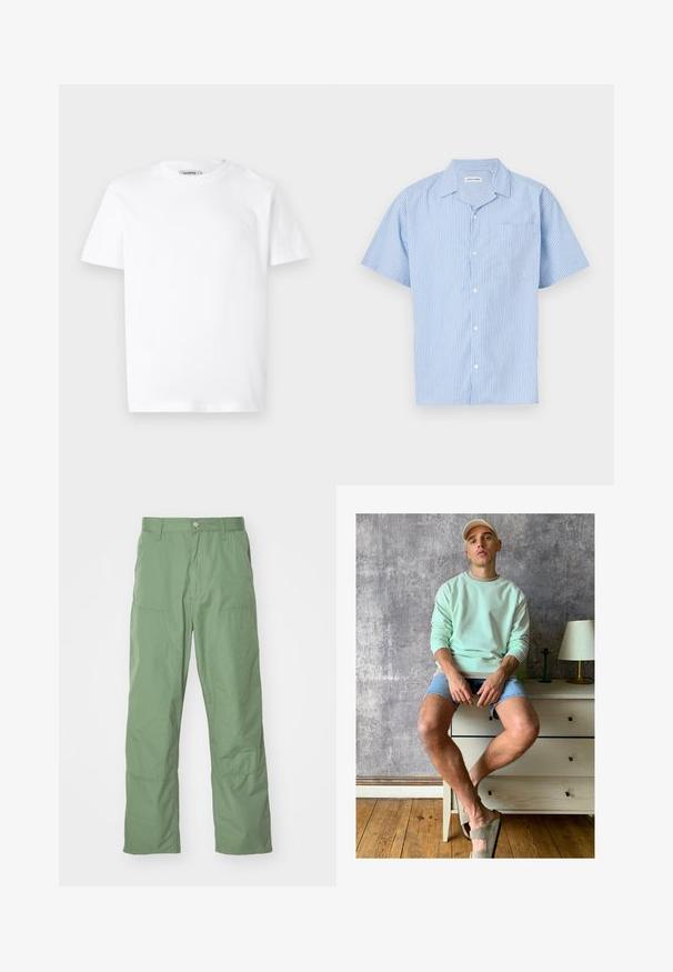 Valkoinen puuvillapaita, jossa on pyöreä kaula-aukko ja lyhyet hihat. Edessä vasemmassa rinnassa on pieni, kohotettu logo. Silkkinen pinta.; Lyhytnokkainen nappipaita vaaleansinisellä värillä, jossa on pystysuoria valkoisia raitoja. Siinä on kaulus ja vasemmalla rinnalla tasku. Pehmeä kangas.; Vaaleanvihreät, rentoa istuvuutta omaavat housut, joissa on sileä pinta, sivutaskut ja näkyvät ompeluvedot. Täysimittaiset suoranlahkeiset mallit.; Minttivihreä huppari, farkkushortsit ja oliivinvihreät liukuvaatteet. Istuu vaaleanvärisen lipaston päällä, joka on tekstuuritetun harmaan seinän nojalla.