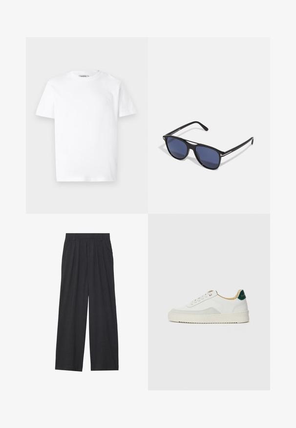 Vit bomull t-shirt med rund hals och korta ärmar. Har en liten, präglad logotyp på vänster bröst. Slät textur.; Vidbyxorna är tillverkade av mörkgrått tyg. De har veck i midjan, en skräddarsydd design och en rak silhuett.; Vit sneaker med mockadetaljer, rund tå, platta snören och en krämfärgad gummisula. Har grön branding på hälen.; Solglasögon med svart plastbåge, blåtonade linser, något rundad form och silverfärgade metallaccenter på skalmarna.