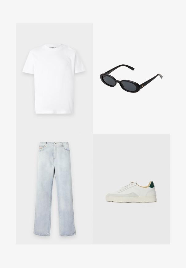 Biała bawełniana koszulka z okrągłym dekoltem i krótkimi rękawami. Posiada małe, wytłoczone logo po lewej stronie klatki piersiowej. Gładka textura.; Jasnoniebieskie dżinsy z prostymi nogawkami, z zapięciem na guzik, pięcioma kieszeniami i kontrastowym przeszyciem.; Białe trampki z zamszowymi akcentami, zaokrąglony czubek, płaskie sznurowadła i kremowa gumowa podeszwa. Posiadają zielone logo na pięcie.; Czarne, oversize okulary przeciwsłoneczne z owalnymi soczewkami, gładkim plastikowym mostkiem i złotymi akcentami na zausznikach. Ciemne soczewki zapewniają ochronę przed słońcem.