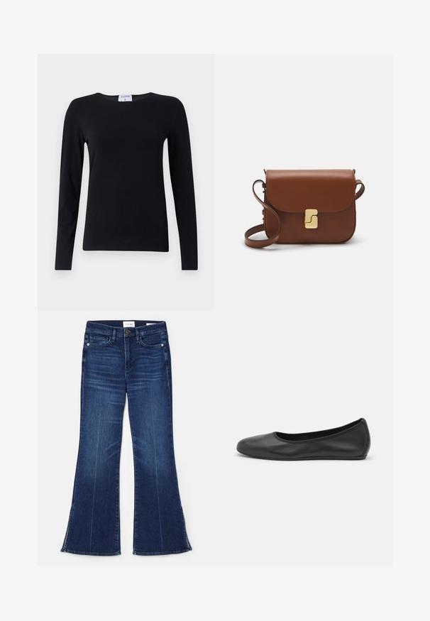 Pitkähihaista mustaa paitaa, joka on valmistettu pehmeästä kankaasta. Paita on pyöreäkauluksinen, suorahko malli, jossa on vähäiset saumat puhtaan ilmeen saavuttamiseksi.; Tummansiniset leveälahkeiset farkut, jotka on valmistettu denimmateriaalista. Ominaisuuksiin kuuluu korkea vyötärö, etupocketit ja halkiokohdat helman kohdalla. Klassinen viiden taskun muotoilu.; Musta nahkainen ballerina, jossa on pyöristetty kärki, sileä pinta, minimaalinen ommelkoristelu ja joustava pohjamuotoilu.; Ruskea nahkainen käsilaukku, jossa on läppäkiinnitys, kultasävyiset yksityiskohdat, olkahihna ja sileä pinta. Kompaktin suorakaiteen muotoinen.