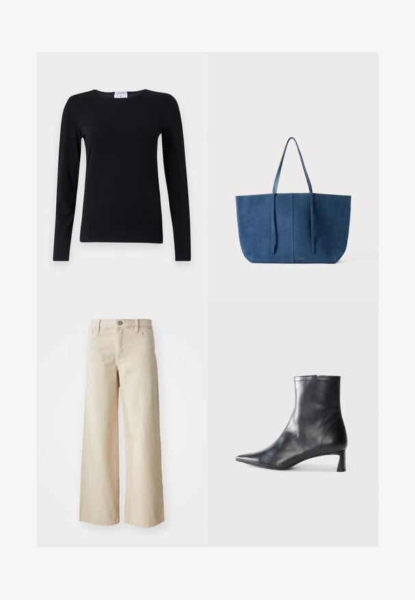 Dlhý rukáv čiernej košele vyrobenej z jemnej látky, s okrúhlym výstrihom, priamym strihom a minimálnym počtom švov pre elegantný vzhľad.; Béžové džínsy s širokými nohavicami vyrobené z denimu, so zvýšeným pásom, zapínaním na gombík, pútkami na opasok a bočnými vreckami. Hladká textúra a uvoľnený strih.; Čierne kožené členkové topánky s špicatou špičkou a elegantným dizajnom. Majú nízky podpätok a zips na zadnej strane. Hladká textúra.; Modrá semišová taška s dvoma dlhými popruhmi, obdĺžnikový tvar, hladká textúra, minimalisticý dizajn s jemným logom na prednej strane.