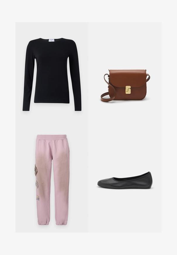Duga crna majica s dugim rukavima izrađena od soft inog materijala, s okruglim izrezom, ravnim krojem i minimalnim šavovima za čist izgled.; Roze trenirke s elastičnim pojasom, koje imaju ukrasne zakrpe u obliku dijamanta s lijeve strane i elastične manžete na gležnjevima.; Crne kožne baletanke s zaobljenim vrhom, glatke teksture, minimalnim detaljima šavova i fleksibilnim dizajnom potplata.; Smeđa kožna torba s preklopom, zlatnim detaljima, remenom za nošenje preko ramena i glatkom teksturom. Kompaktni pravokutni oblik.