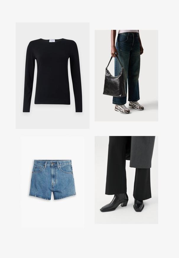 Langermet svart skjorte laget av mykt stoff, med rund hals, rett snitt og minimale sømmer for et rent utseende.; Lys blå denimshorts med fem lommer, glidelås og knappefeste. Bunnkanten er slitt med et avslappet passformdesign.; Sorte ankelstøvler med firkantet tå og avsmalnende hæl, laget av blankt lær med vertikale ribbede detaljer på sidene.; Sort skinnveske med en glatt tekstur og justerbar stropp, kombinert med falmede vide jeans og atletiske sneakers.