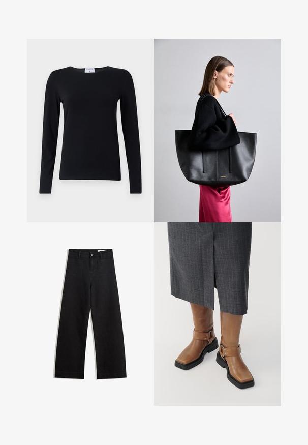 Duga crna majica s dugim rukavima izrađena od soft inog materijala, s okruglim izrezom, ravnim krojem i minimalnim šavovima za čist izgled.; Crne široke traperice s visokim strukom, s prednjim i stražnjim džepovima, šivenim šavovima i kopčanjem na gumb. Glatka tekstura.; Smeđe kožne čizme do koljena s kvadratnim vrhom, crnim gumenim potplatom i detaljima s podesivom kopčom. U kombinaciji s sivoj suknji s prugama.; Crna kožna torba tote s teksturiranom završnom obradom, koja ima dvije vertikalne linije, duple naramenice i minimalistički dizajn.