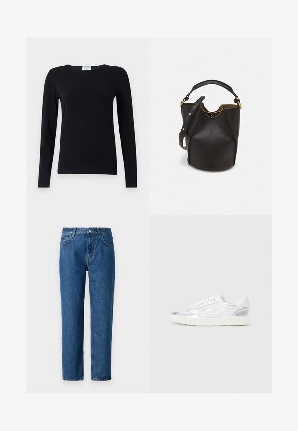 Černá košile s dlouhým rukávem vyrobená z měkké tkaniny, s kulatým výstřihem, rovného střihu a minimem švů pro čistý vzhled.; Modré denimové džíny s rovnýms střihem, s knoflíkovým zapínáním, poutky na pásek a předními kapsami. Vyrobeny z texturované bavlny.; Bílé tenisky s metalickým stříbrným akcentem, hladkým povrchem, kulatou špičkou, plochou podrážkou a tradičním šněrováním.; Černá kožená kabelka ve tvaru vědra s texturovaným povrchem, zlatými kovovými akcenty a otevřeným vrchem. Obsahuje krátkou rukojeť a nastavitelný ramenní popruh.