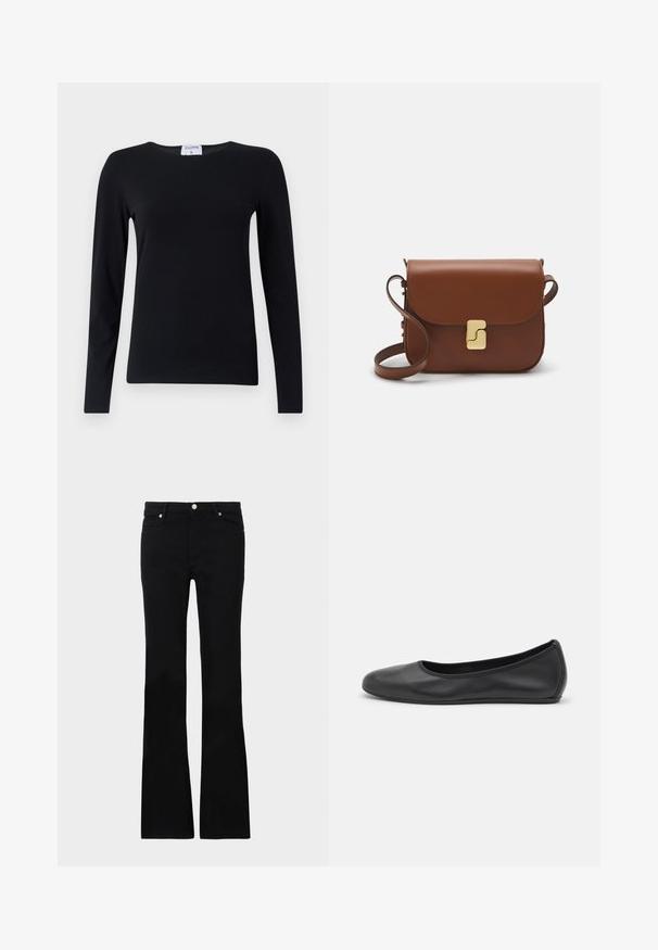 Långärmad svart skjorta gjord av mjukt tyg, med rund halsringning, rak skärning och minimala sömmar för ett rent utseende.; Svarta utsvängda jeans i denim, med två framfickor, knäppning och en slät textur. Signaturstickning synlig vid sömmarna.; Svart läderballerinaskor med rund tå, slät yta, minimala söm detaljer och en flexibel sula.; Brun läderhandväska med klaffstängning, guldfärgad hårdvara, axelrem och en slät yta. Kompakt rektangulär form.