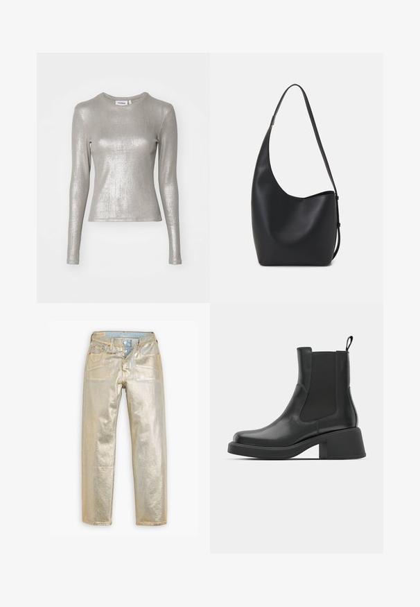 Strieborný top s dlhým rukávom a priliehavým strihom, vyrobený z lesklého, kovového materiálu. Má okrúhly výstrih a tesné rukávy.; Zlaté metalické džínsy so strihom rovného nohavice, piatimi vreckami, mosadznými doplnkami a štruktúrovaným povrchom. Obsahujú modrý denimový pás.; Čierne kožené členkové topánky s elastickými bočnými panelmi, zaoblenou špičkou a robustným blokovým opätkom. Hladká textura s minimalistickým dizajnom.; Čierna kožená hobo taška so hladkou textúrou, zakriveným tvarom a jedným nastaviteľným popruhom; má široké otvorenie na vrchu.
