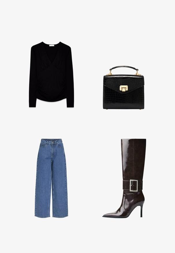 Svart långärmad blus med V-ringning, rynkdetaljer vid bysten och sidorna, samt en lätt rundad nederkant.; Vida jeans i blått med hög midja, tillverkade av denimtyg. Funktioner inkluderar framfickor och knäppning med knapp. Klassisk avslappnad design.; Mörkbrun knähög läderstövel med spetsig tå, stilettklack och bred rem med stort rektangulärt silverspänne.; Svart faux-krokodil läderhandväska med en strukturerad design, gyllene detaljer, ett handtag på toppen och ett magnetiskt lock.
