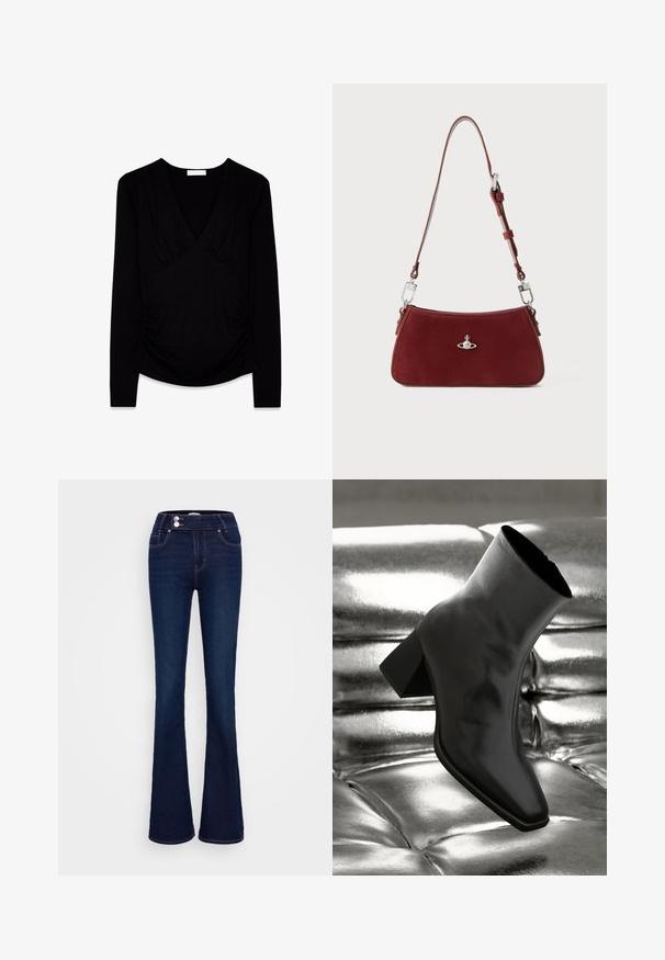 Schwarze Bluse mit langen Ärmeln, V-Ausschnitt, Raffung an Brust und Seiten und einem leicht geschwungenen Saum.; Dunkelblaue Schlagjeans mit hoher Taille, zwei Fronttaschen und zwei Knopfverschlüssen. Hergestellt aus Denim mit glatter Textur.; Schwarzer Knöchelstiefel aus glänzendem Material mit quadratischer Zehenform und verjüngtem Absatz, vor einem glänzenden silbernen gepolsterten Hintergrund.; Rote Wildleder Schultertasche mit einer curved Form. Verfügt über einen silberfarbenen Akzent und einen verstellbaren Trageriemen mit Hardware-Details. Glatte Textur.