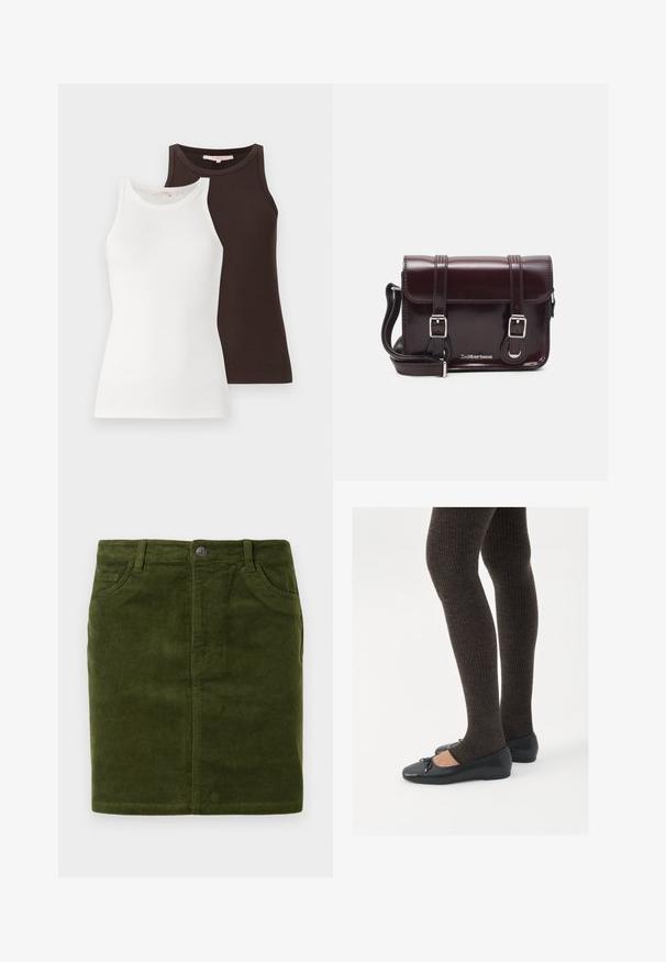Două maieuri cu dungi, unul alb și unul maroniu închis, cu un design fără mâneci și decolteu rotund, stivuite unul lângă celălalt.; Fustă din catifea grosieră de culoare verde închis, cu o croială dreaptă, având un design cu cinci buzunare și închidere cu nasture metalic la talie.; Pantofi negri cu un detaliu mic de fundiță la vârf, asortați cu colanți maro închis, cu textură ondulată. Pantofii au o textură netedă și un profil joase.; Geantă crossbody din piele lac burgundă, cu formă rectangulară, două curele, accesorii din argint și închidere cu clapetă.