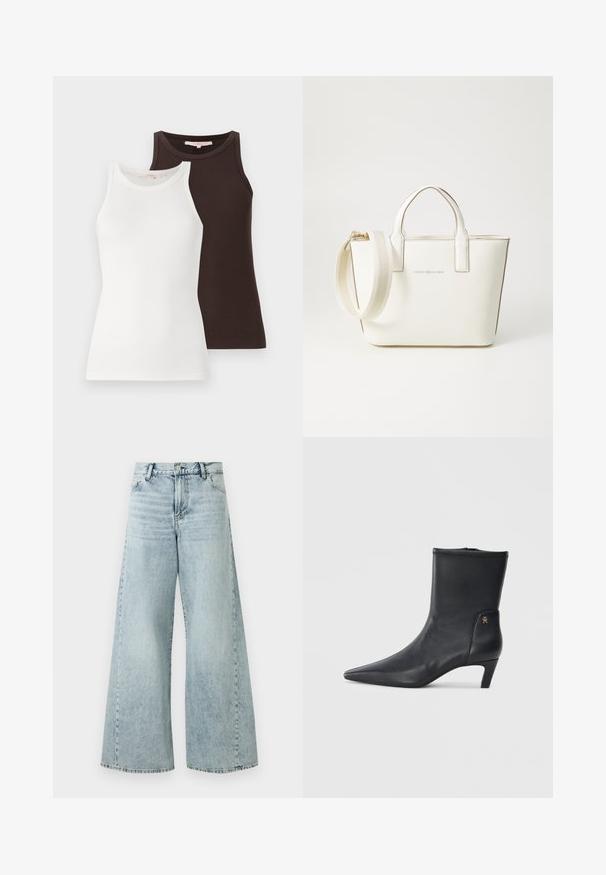 To ribbede tanktops, en hvid og en mørkebrun, med ærmeløse designs og runde halsudskæringer, stablet side om side.; Lysblå denim bukser med bred ben og høj talje, med knaplukning, fem lommer og frynset kant.; Sorte læder ankelstøvler med spids tå og en lav hæl. Har en glat overflade og et lille guld logo detalje på siden.; Hvid faux læder håndtaske med korte hanke, justerbar skulderrem og guldtonet hardware; har et subtilt logo foran.