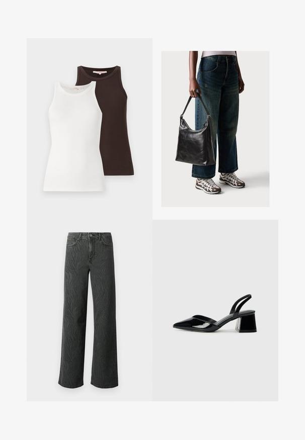 Kaksi uritettua hihattomaa toppia, yksi valkoinen ja yksi tummanruskea, jotka on pinottu vierekkäin pyöreällä kaula-aukolla.; Kapelevat farkut tummanharmaasta farkkukankaasta, joissa on hienovarainen seeprakuosistructuuri, kontrastiväriset tikkaukset ja viisi taskua napillista avausmekanismia varten.; Mustat patentoitu nahkakengät, joissa on säären takaosa ja terävä kärki, sekä geometrinen palikkakorko. Sisältää tyylikkään, minimalistisen muotoilun ja sileän pinnan.; Musta nahkainen olkalaukku, jossa on sileä pinta ja säädettävä hihna, yhdistettynä haalistuneisiin leveälahkeisiin farkkuihin ja urheilukenkien kanssa.