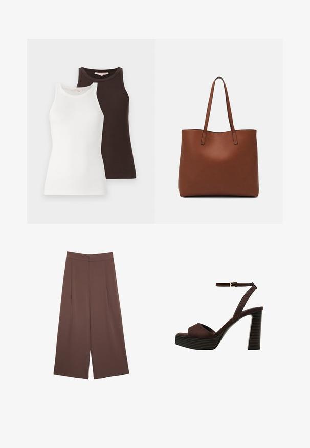 Twee geribbelde tanktops, één wit en één donkerbruin, met mouwloze ontwerpen en ronde halslijnen, naast elkaar gestapeld.; Bruine wijde broek met een gladde textuur, voorzien van een hoge taille en plooien aan de voorkant. De stof is lichtgewicht en valt losjes.; Bruine suède high-heeled sandaal met een open teen, verstelbare enkelband en een gestreepte plateauzool.; Bruine leren tote bag met een gladde textuur, een ontwerp met een open bovenkant en twee schouderbanden. Kenmerkt zich door minimale stiksels en geen zichtbare hardware.