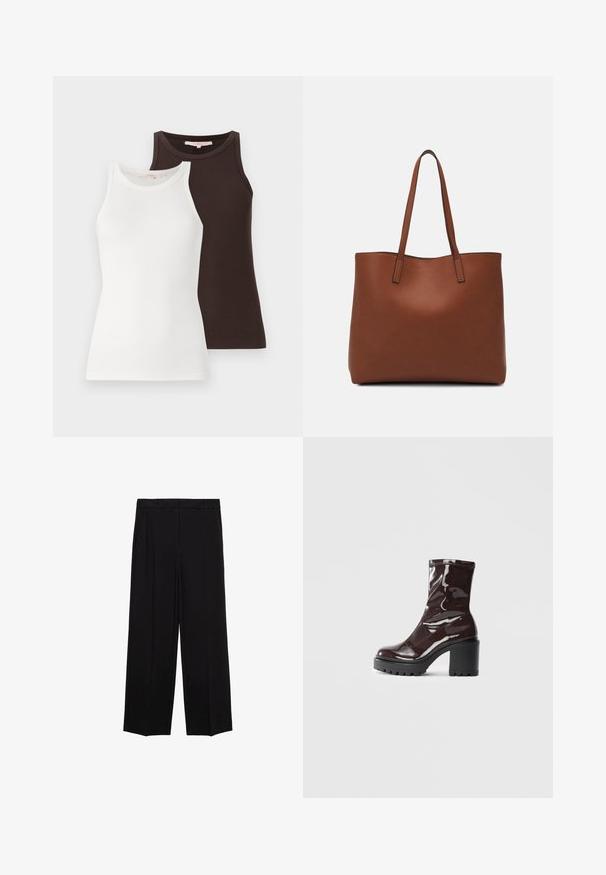 Zwei gerippte Tank-Tops, eines weiß und das andere dunkelbraun, mit ärmellosem Design und gerundetem Halsausschnitt, nebeneinander gestapelt.; Schwarze weit geschnittene Hosen aus glattem Stoff, mit Falten an der Vorderseite und seitlichen Taschen, entworfen in einem geraden, lässigen Schnitt.; Glatte bordeauxrote Ankle Boots mit einem klobigen schwarzen Absatz, die eine glatte Oberfläche und ein einfaches Design aufweisen. Keine sichtbaren Verschlüsse oder Muster.; Braune Leder-Tote mit glatter Textur, offenem Oberteil und zwei Schulterriemen. Verfügt über minimale Nähte und keine sichtbaren Beschläge.