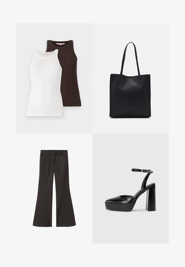 To ribbede tanktops, en hvid og en mørkebrun, med ærmeløse designs og runde halsudskæringer, stablet side om side.; Sorte flagrende bukser med høj talje; har to forlommer og en glat stofstruktur. Egnet til forskellige anledninger.; Sorte platformhæle med spidse tæer og justerbar ankelrem. Construeret i glat læder, med en kraftig blokhæl.; Sort læder tote taske med glat tekstur, rektangulær form og to lange hanke. Ingen synlig hardware eller udsmykninger.