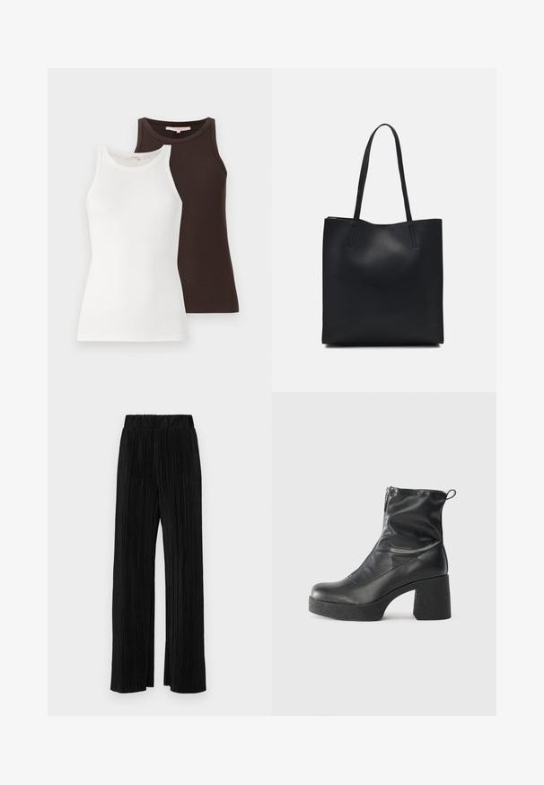 Zwei gerippte Tank-Tops, eines weiß und das andere dunkelbraun, mit ärmellosem Design und gerundetem Halsausschnitt, nebeneinander gestapelt.; Schwarze plissierte Hose mit elastischem Bund. Verfügt über weite Hosenbeine und einen glatten, strukturierten Stoff mit vertikalen Streifen.; Schwarze Stiefeletten aus glattem Leder mit seitlichem Reißverschluss, klobigem strukturiertem Absatz und runder Zehenform.; Schwarze Laptoptasche aus Leder mit glatter Textur, rechteckiger Form und zwei langen Griffen. Keine sichtbaren Beschläge oder Verzierungen.
