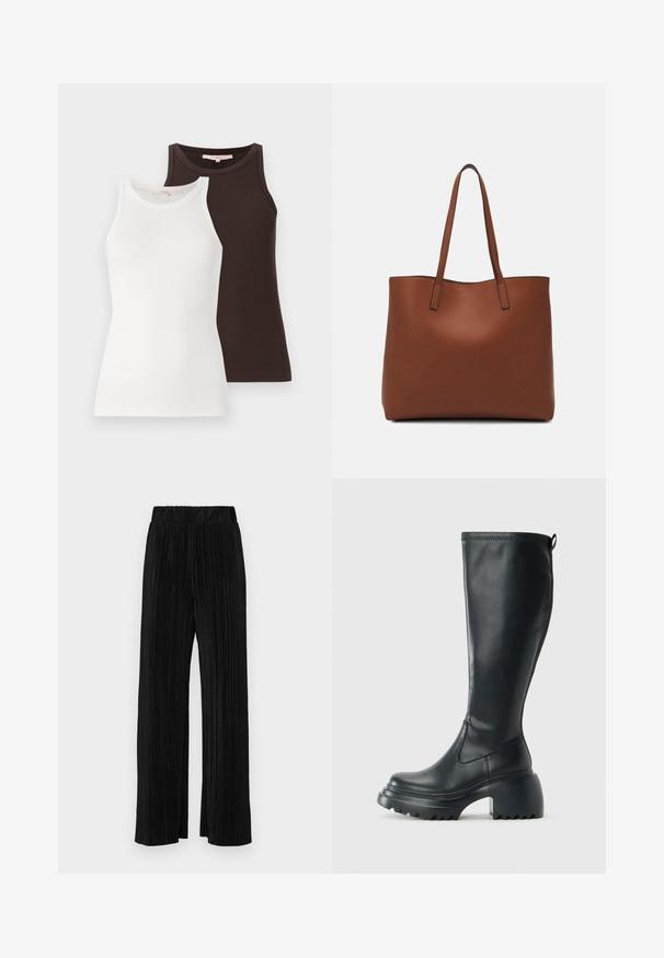 Two ribbed tank tops, one white and one dark brown, featuring sleeveless designs and rounded necklines, stacked side by side.; Black pleated trousers with an elastic waistband. Features wide legs and a smooth, textured fabric with vertical stripes.; Tall black leather boot with chunky platform sole and block heel, featuring pull tab and textured tread on outsole.; Brown leather tote bag with a smooth texture, open top design, and two shoulder straps. Features minimal stitching and no visible hardware.