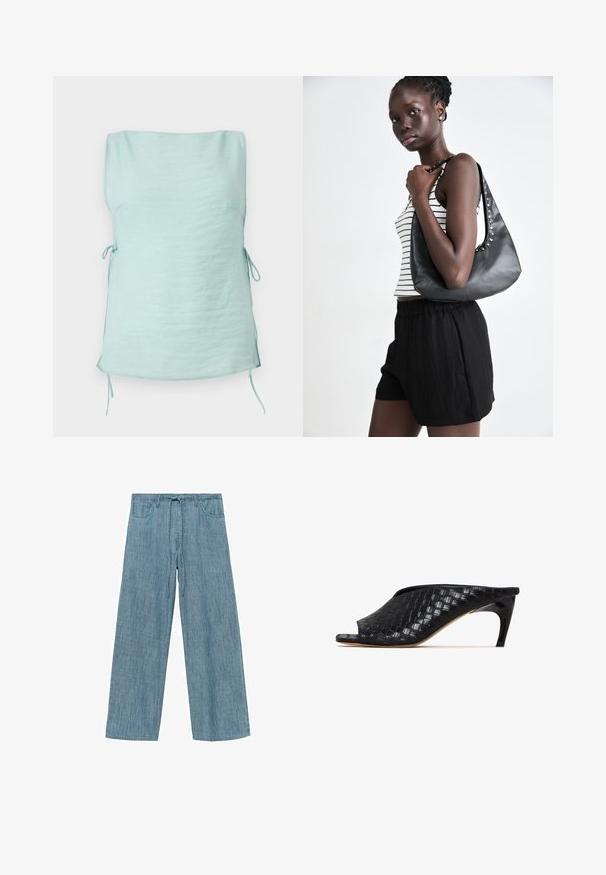 Top fără mâneci de culoare verde mentă deschisă, confecționat dintr-un material texturat. Dispune de legături laterale pentru ajustarea dimensiunii și are un design simplu, drept.; Pantaloni cu dungi albastre deschise, cu croială largă și talie ajustabilă cu șnur, având două buzunare frontale și un material moale, texturat.; Muli negri împletite cu vârf deschis și un toc elegant, curbat. Materialul are un finisaj lucios, cu un model texturat, în carouri.; Geantă din piele neagră cu o formă curbată, cu ținte argintii pe cusătură. Modelul poartă un top cu dungi și pantaloni scurți negri.